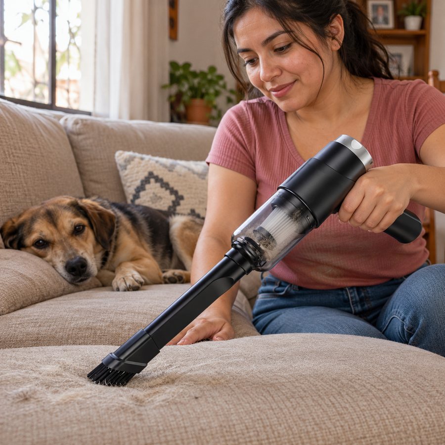 Aspirando pelos de perro del sillón