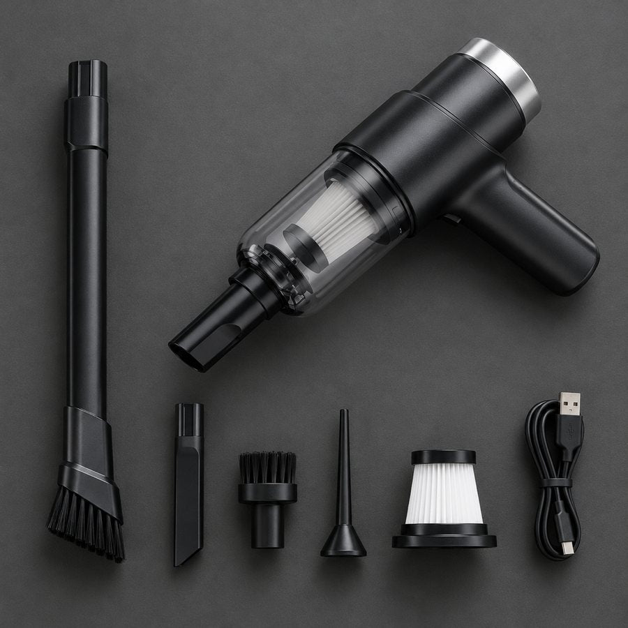 Aspiradora con sus 4 boquillas, filtro y cable USB