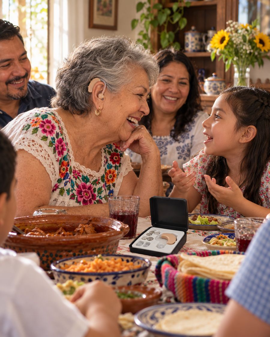 Abuela escuchando a su nieta en la comida familiar