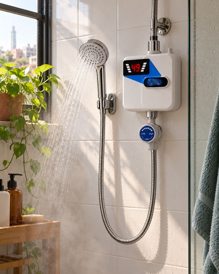 Ducha eléctrica en un baño de departamento