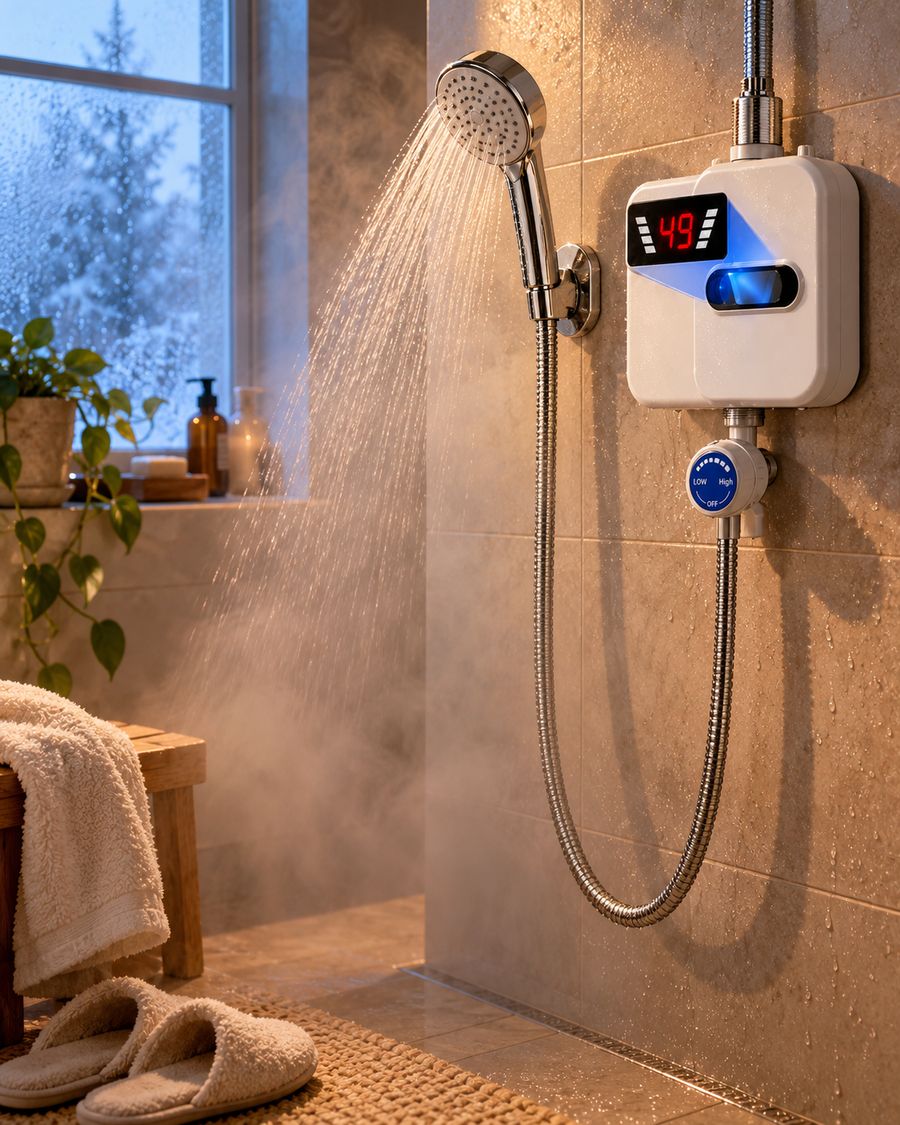 Agua caliente en invierno con la ducha eléctrica