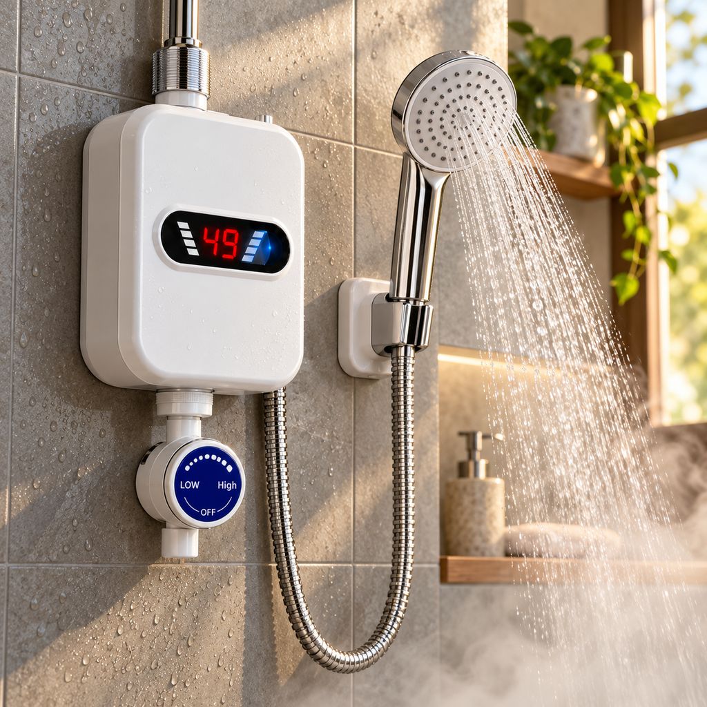 Ducha eléctrica con pantalla digital instalada en el baño
