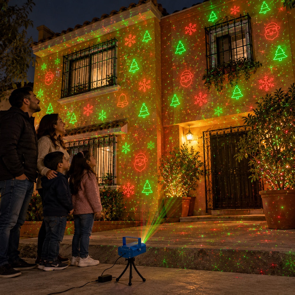 Fachada iluminada con figuras navideñas láser