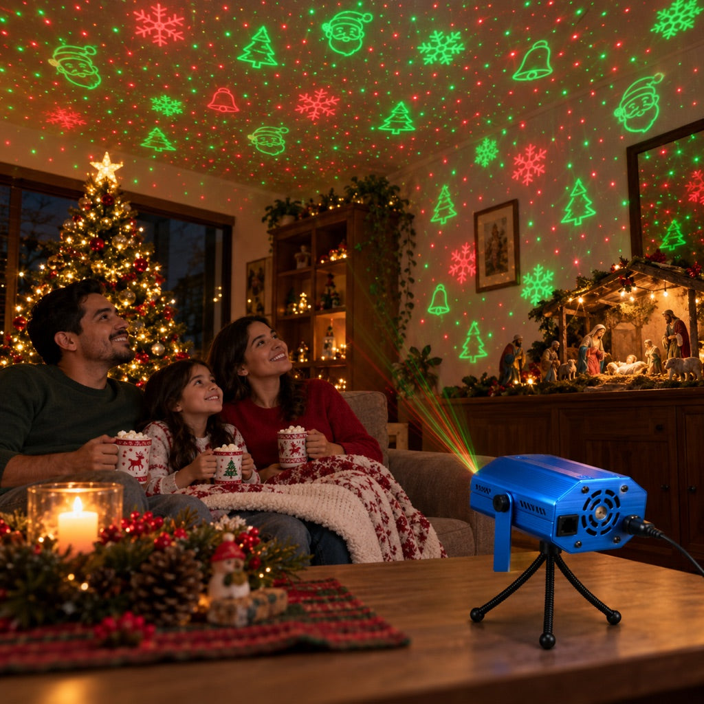 Sala con árbol y figuras láser