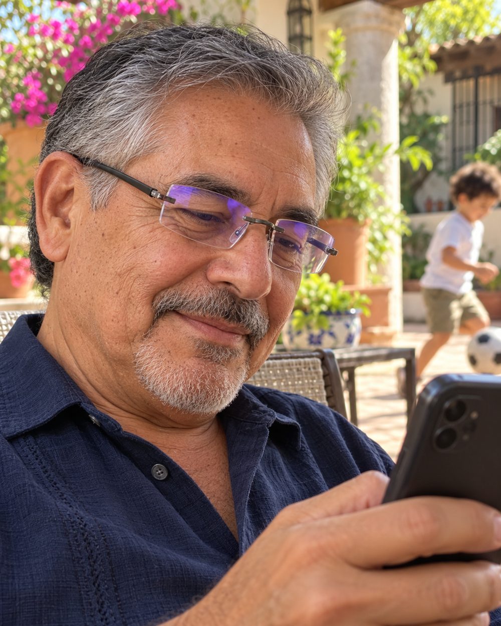 Hombre usando los lentes bifocales para leer el celular