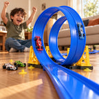 Pista de carreras flexible azul con doble loop y autos fórmula