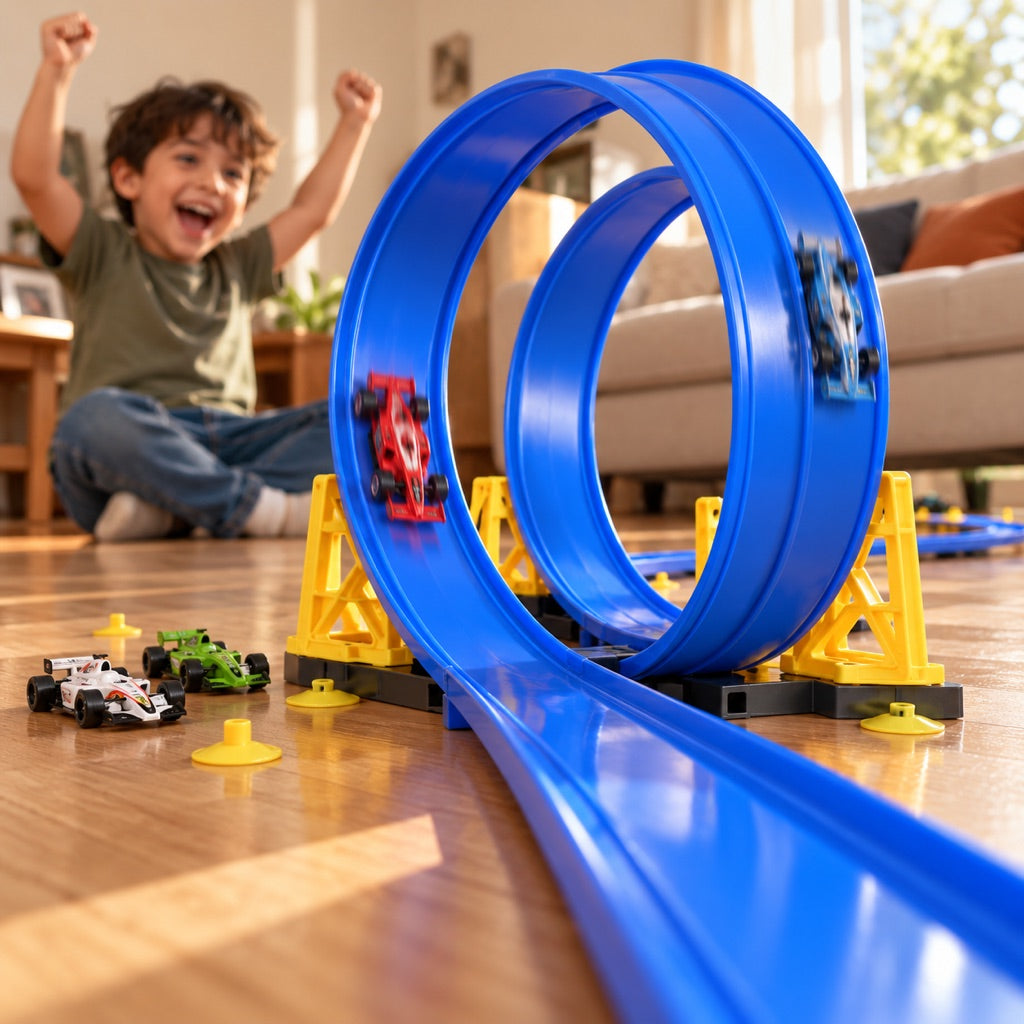 Pista de carreras flexible azul con doble loop y autos fórmula