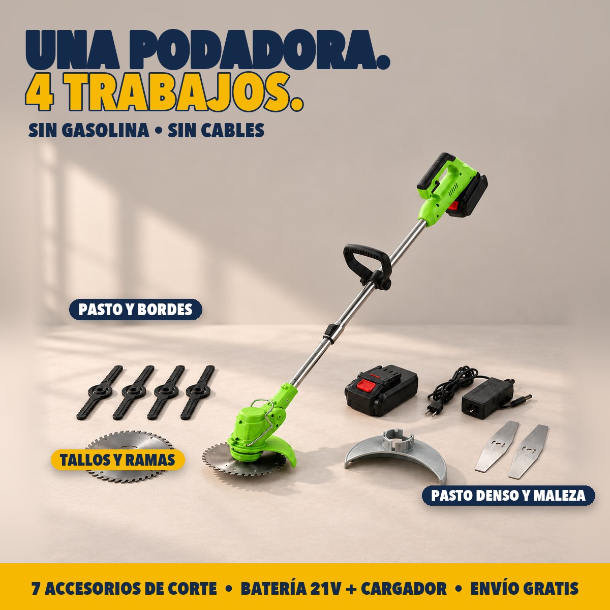 Podadora inalámbrica con 7 accesorios de corte: pasto, bordes, maleza y ramas