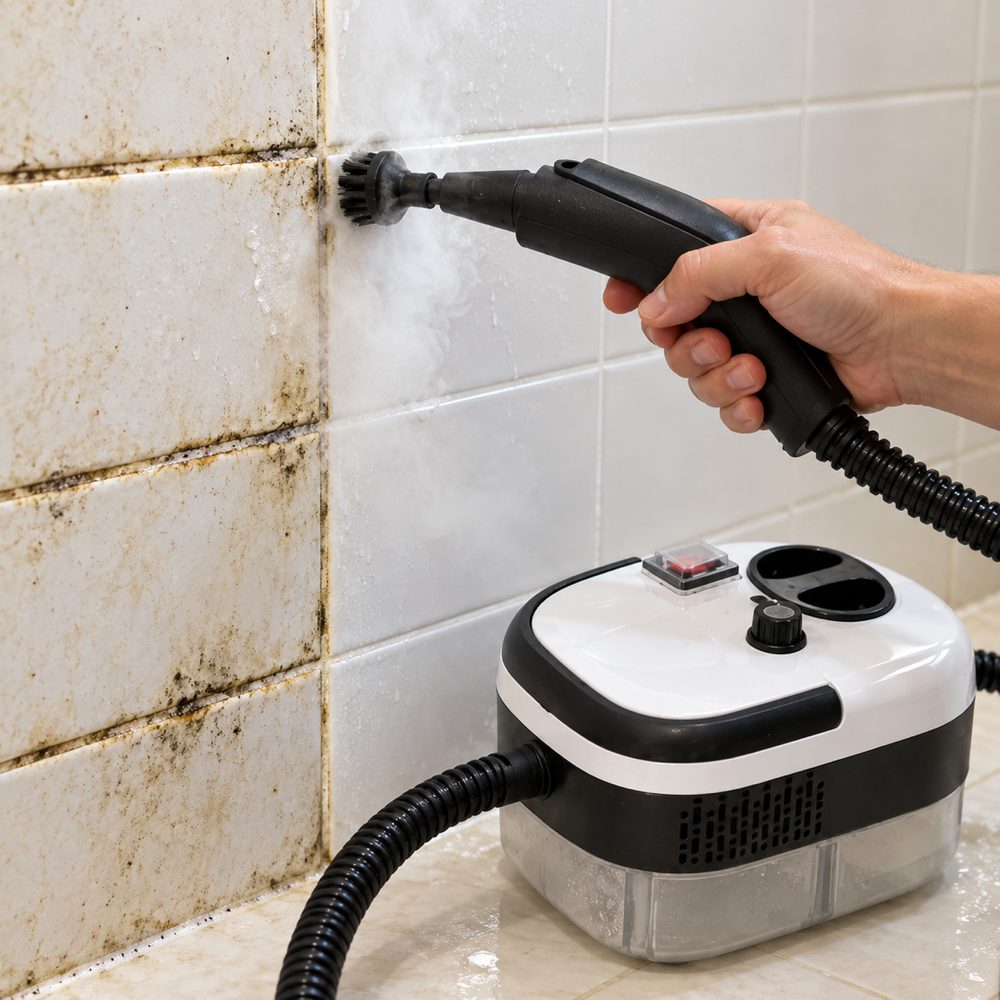 Limpiando juntas del baño con vapor
