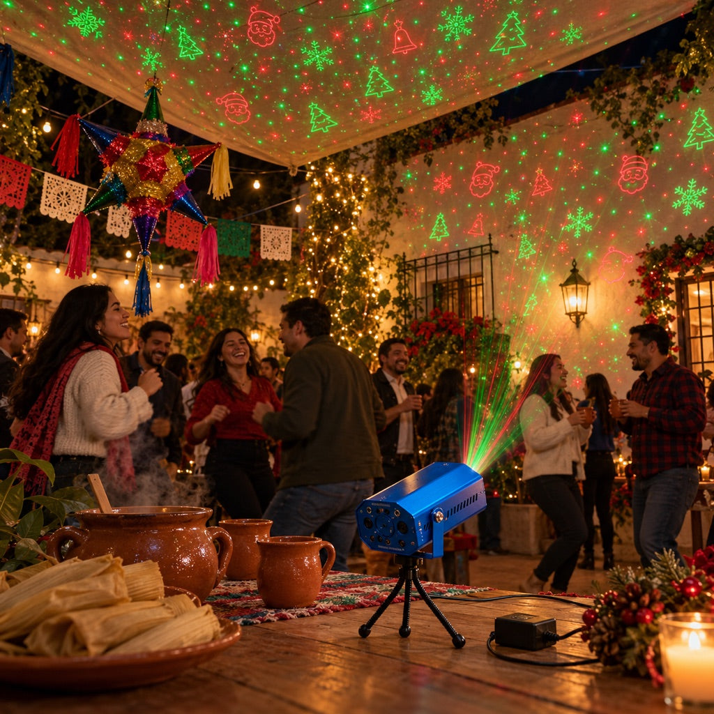 Posada en el patio con puntos láser en la pared