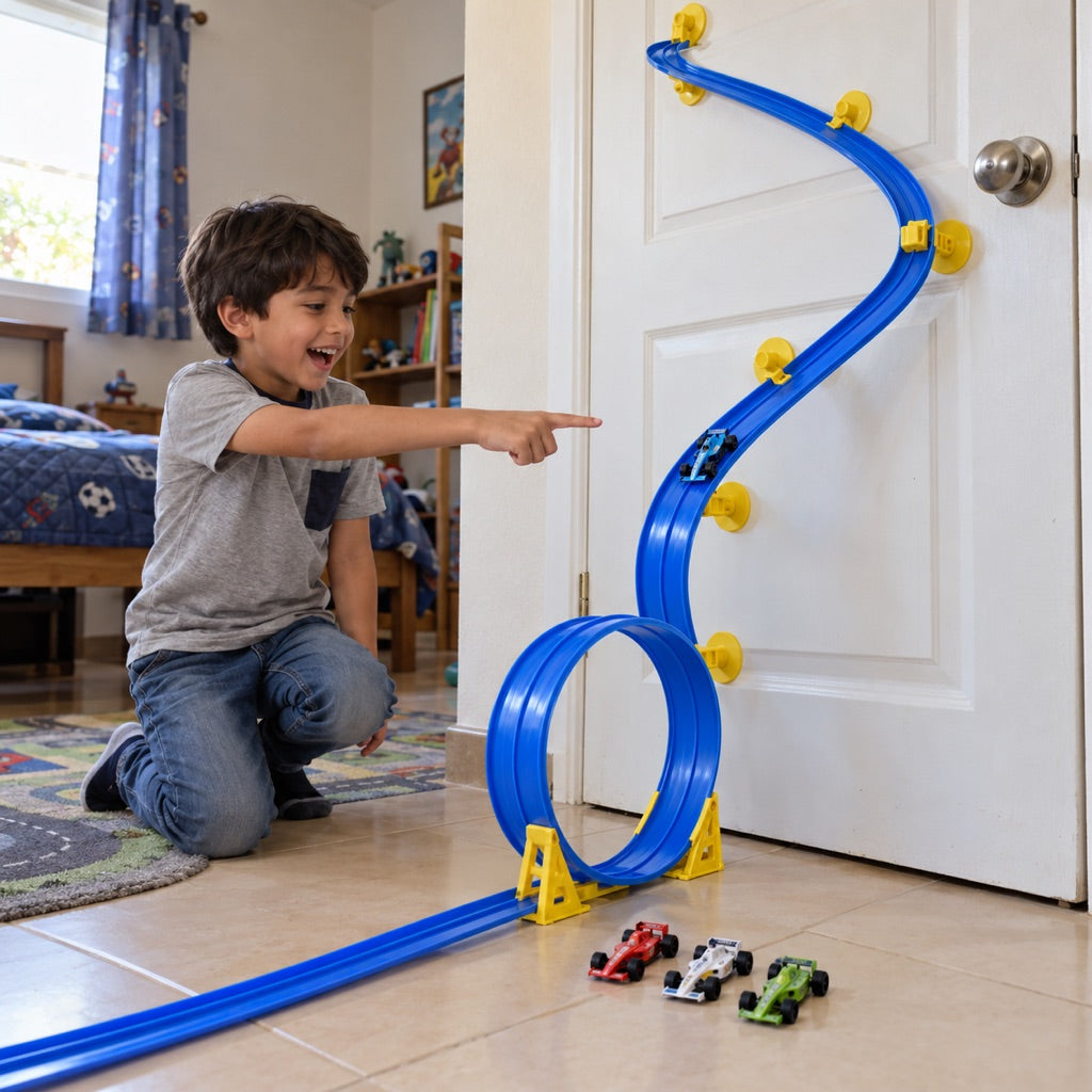 Pista azul en zigzag pegada a una puerta