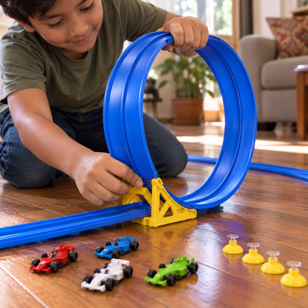 Niño doblando la pista para formar un loop en el soporte amarillo