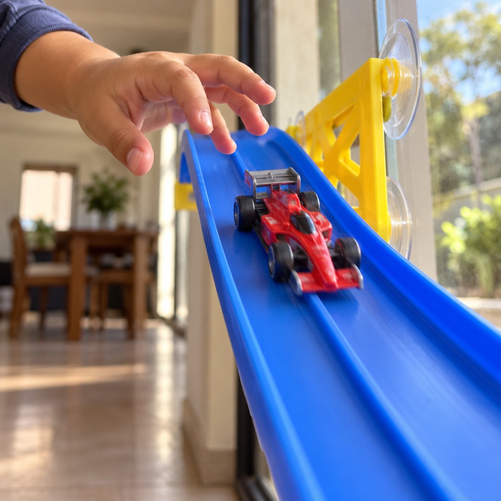 Niño soltando un auto fórmula en lo alto de la pista
