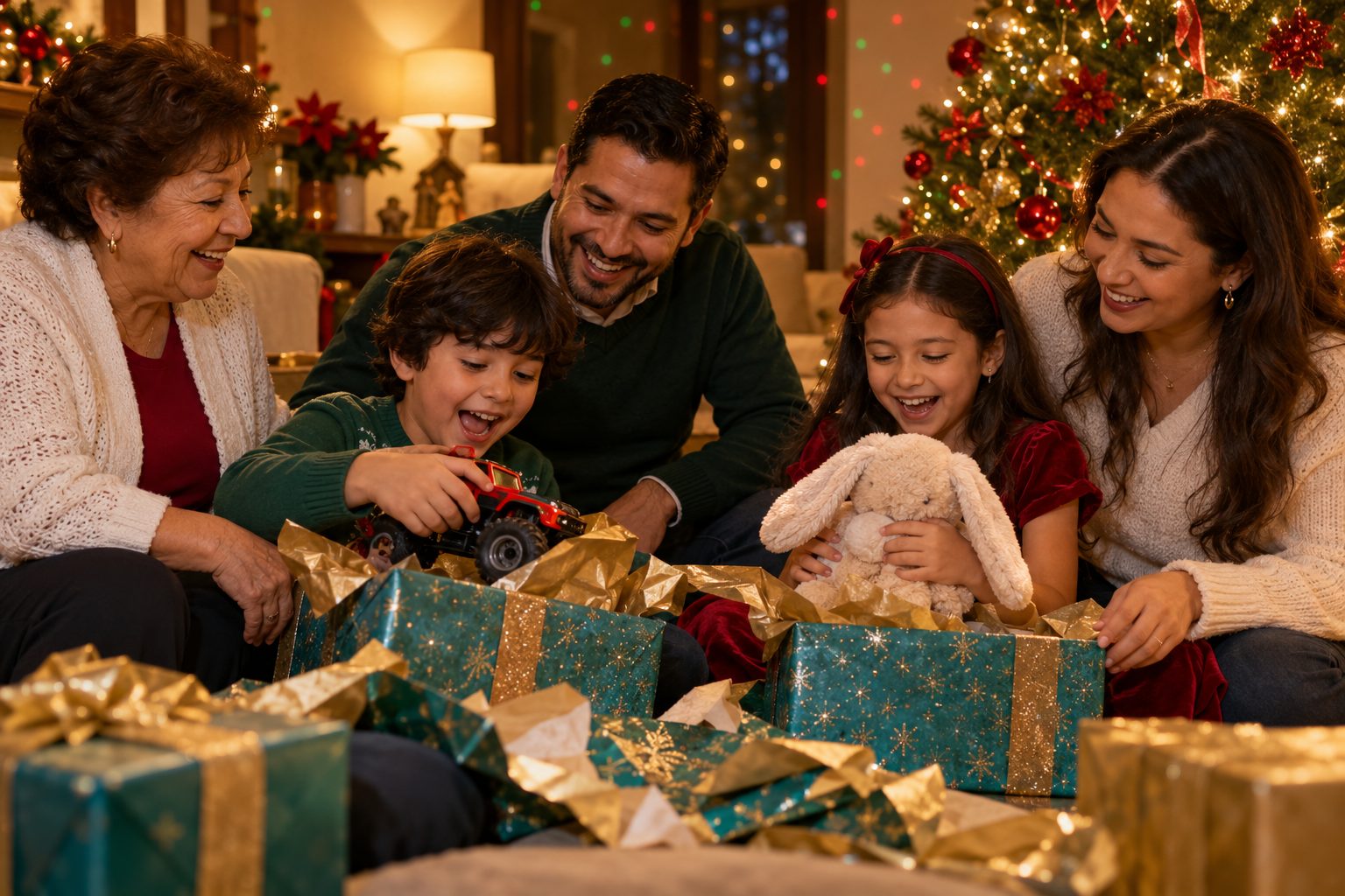 Familia mexicana abriendo regalos en Navidad