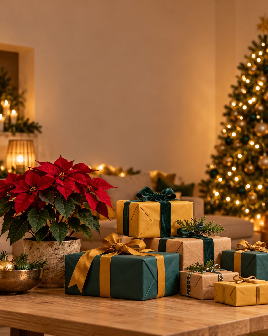 Regalos navideños envueltos en verde y dorado junto al árbol de Navidad